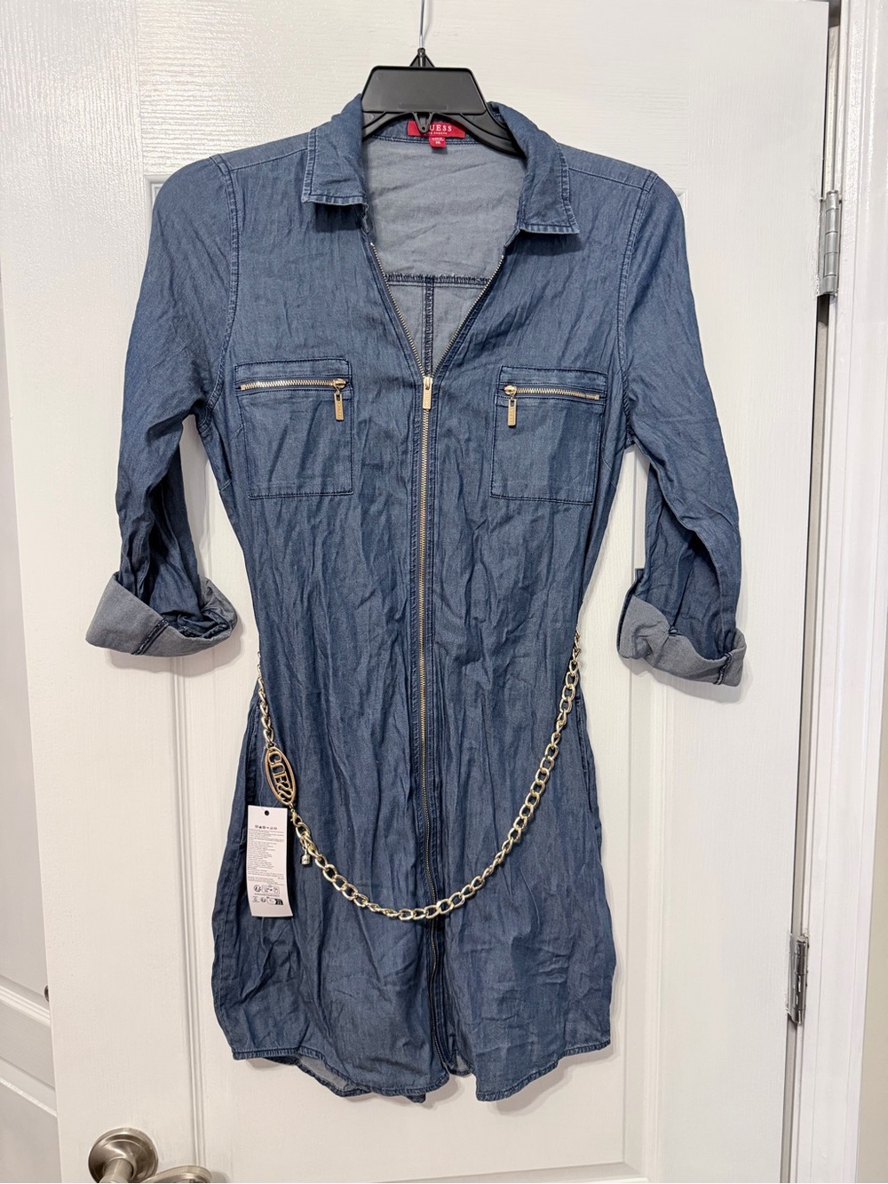 Guess Blue Denim Zip-Front Midi Dress with Chain Belt